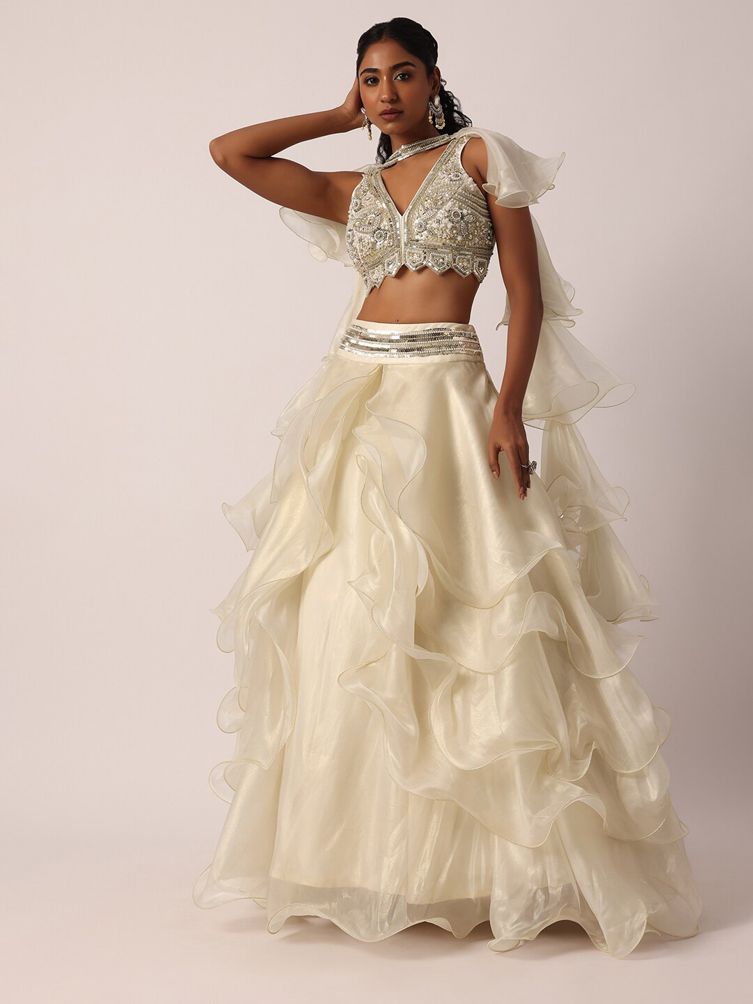 

KALKI Fashion Floral Embroidered Beads And Stones Ready to Wear Lehenga Choli, Gold