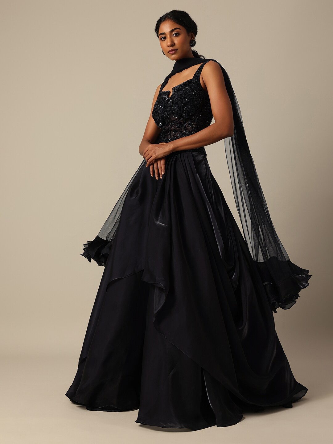 

KALKI Fashion Embellished Ready to Wear Cutdana Work Lehenga & Blouse With Dupatta, Black