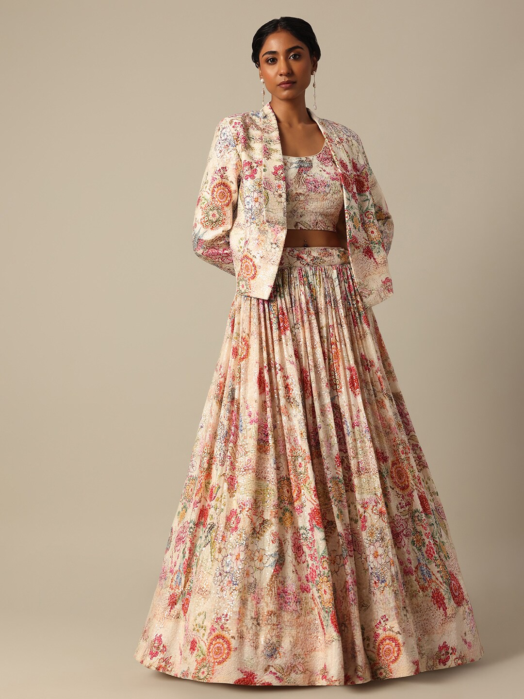 

KALKI Fashion Floral Embellished Sequined Ready to Wear Lehenga & Blouse With Jacket, White