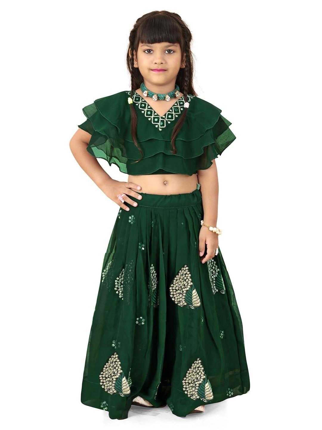 BAESD Girls Embroidered Ready to Wear Lehenga and Choli, Green