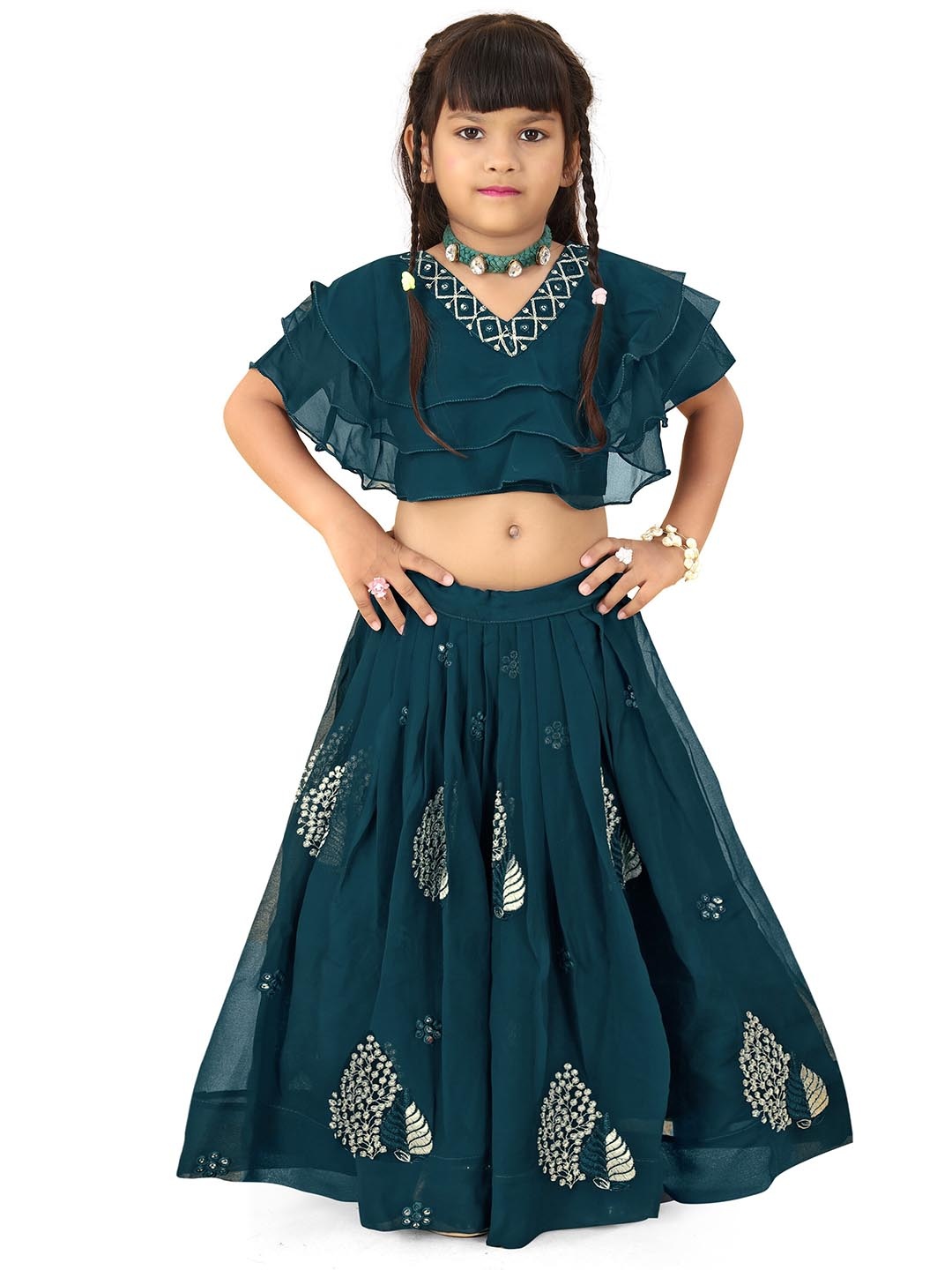

BAESD Girls Embroidered Thread Work Ready to Wear Lehenga and Choli, Teal