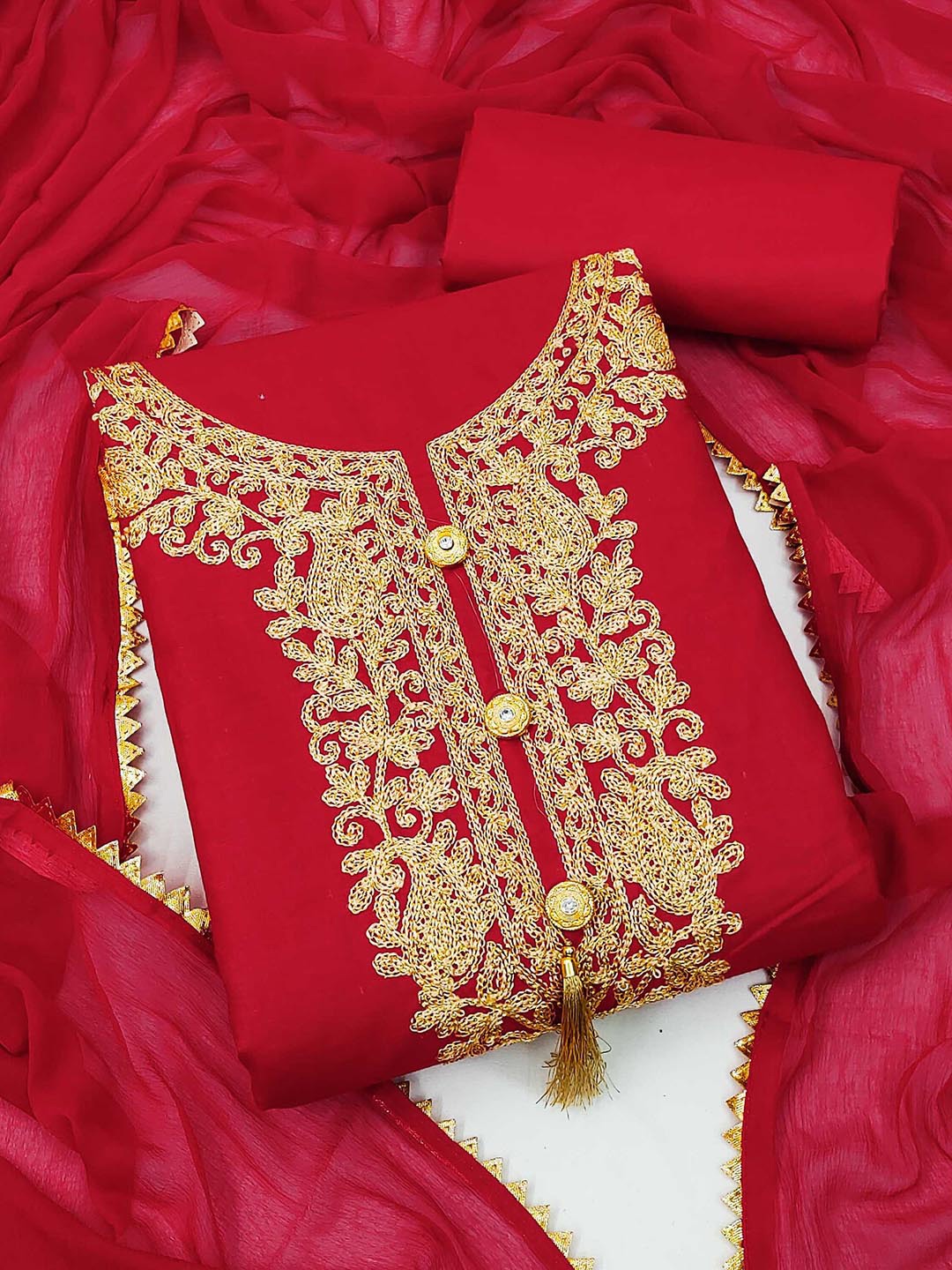 

KALINI Floral Embroidered Unstitched Dress Material, Red