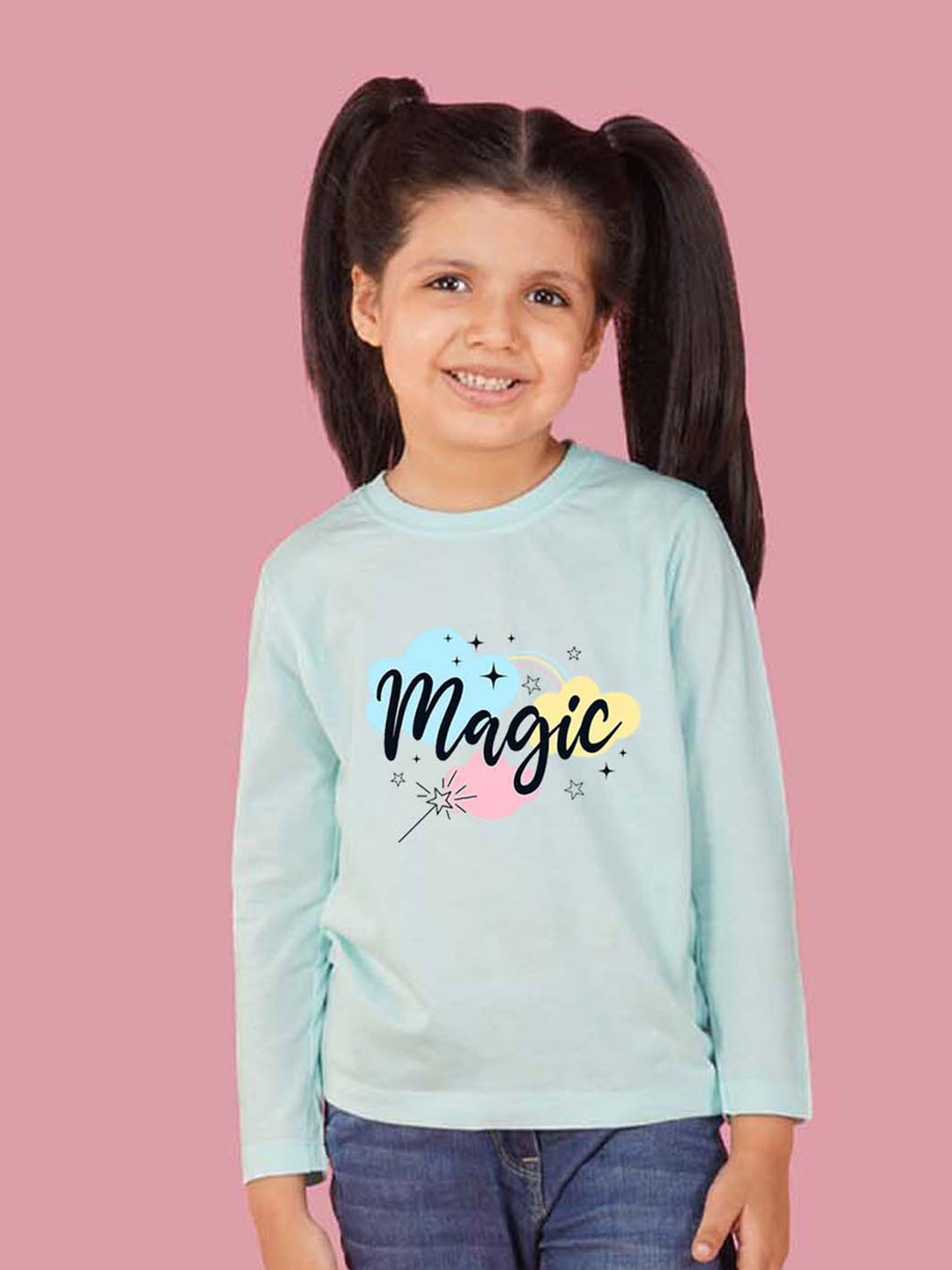 

NUSYL Girls Printed Round Neck Cotton T-shirt, Blue