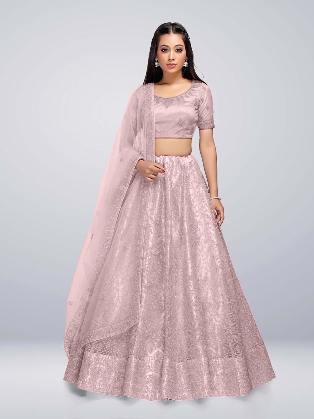 

HALFSAREE STUDIO Embroidered Semi-Stitched Lehenga & Unstitched Blouse With Dupatta, Mauve