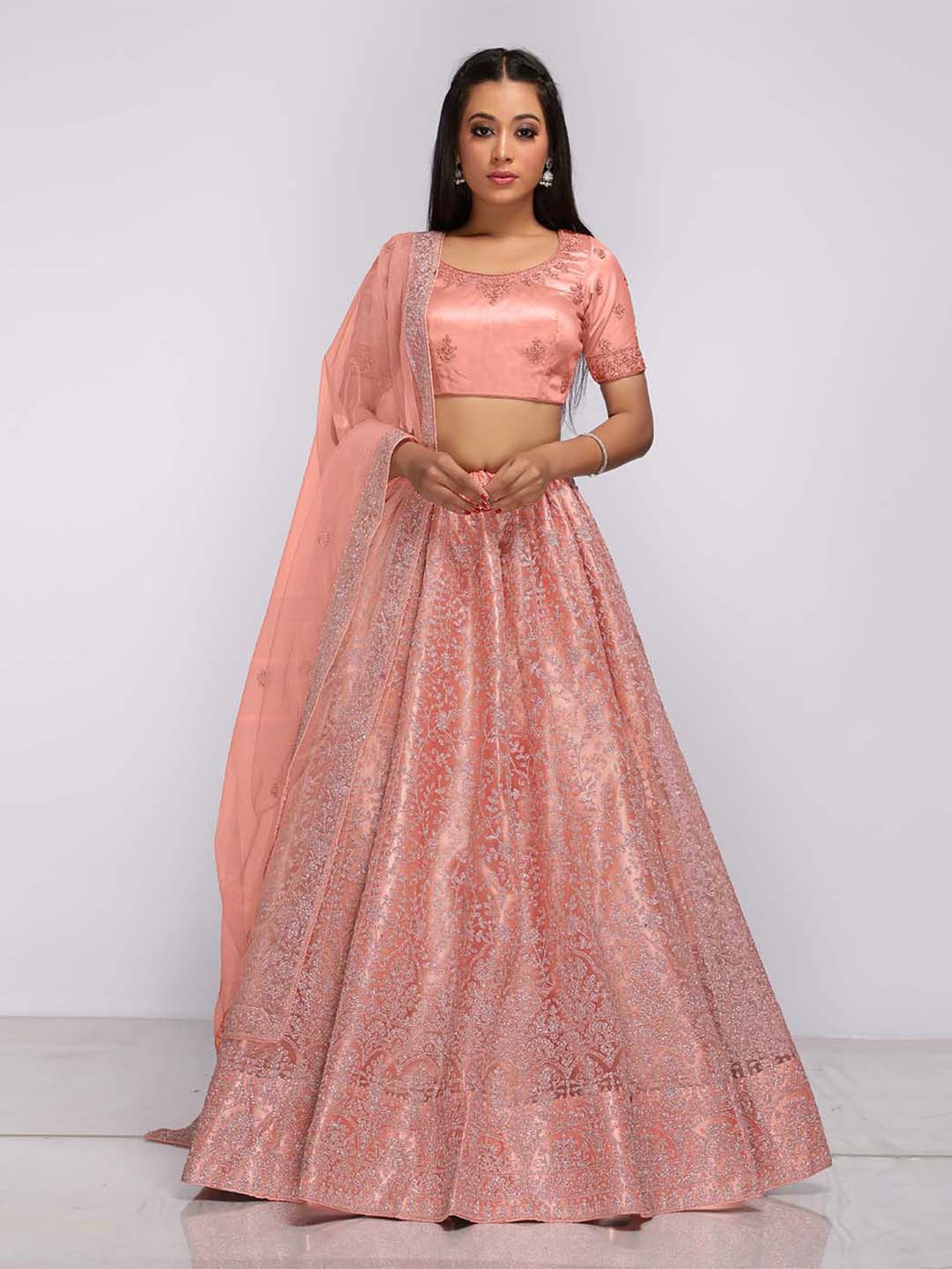 

HALFSAREE STUDIO Embellished Semi-Stitched Lehenga & Unstitched Blouse With Dupatta, Peach