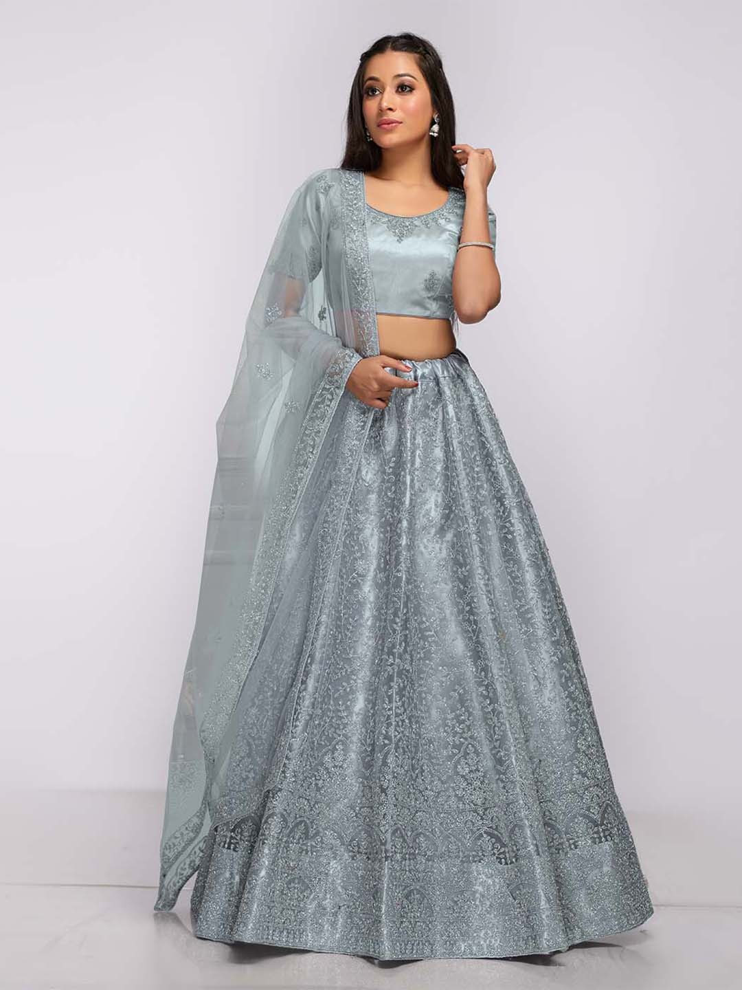 

HALFSAREE STUDIO Embroidered Semi-Stitched Lehenga & Unstitched Blouse With Dupatta, Grey