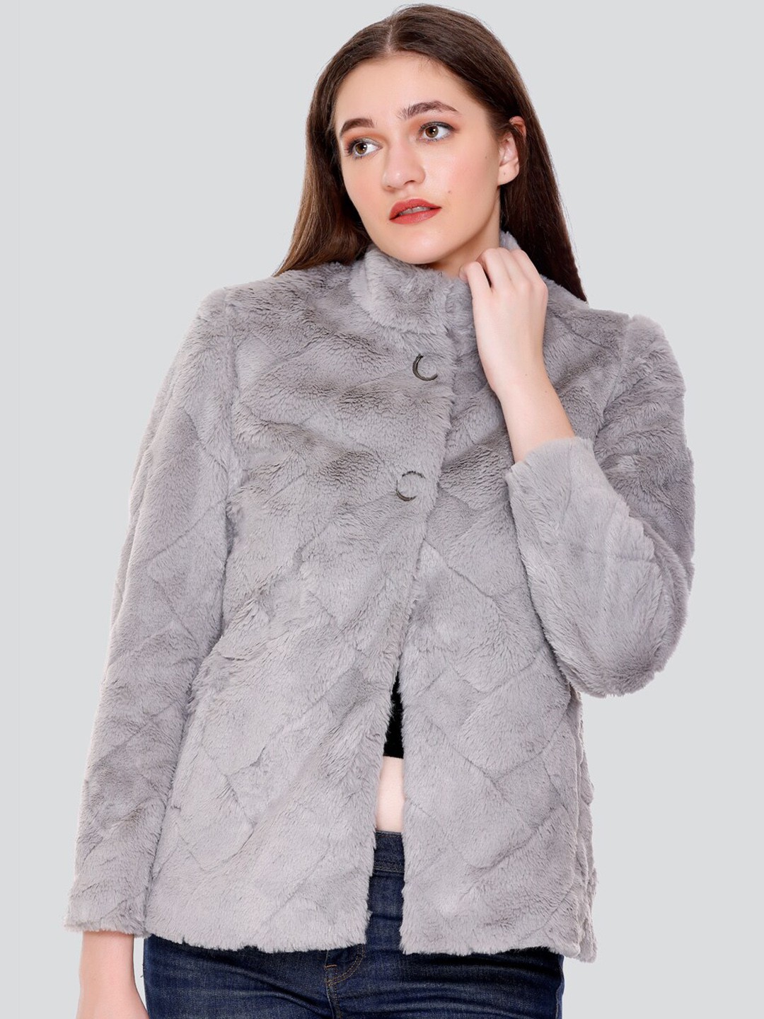 

C-Aerin Single-Breasted Stand-Collar Overcoat, Grey