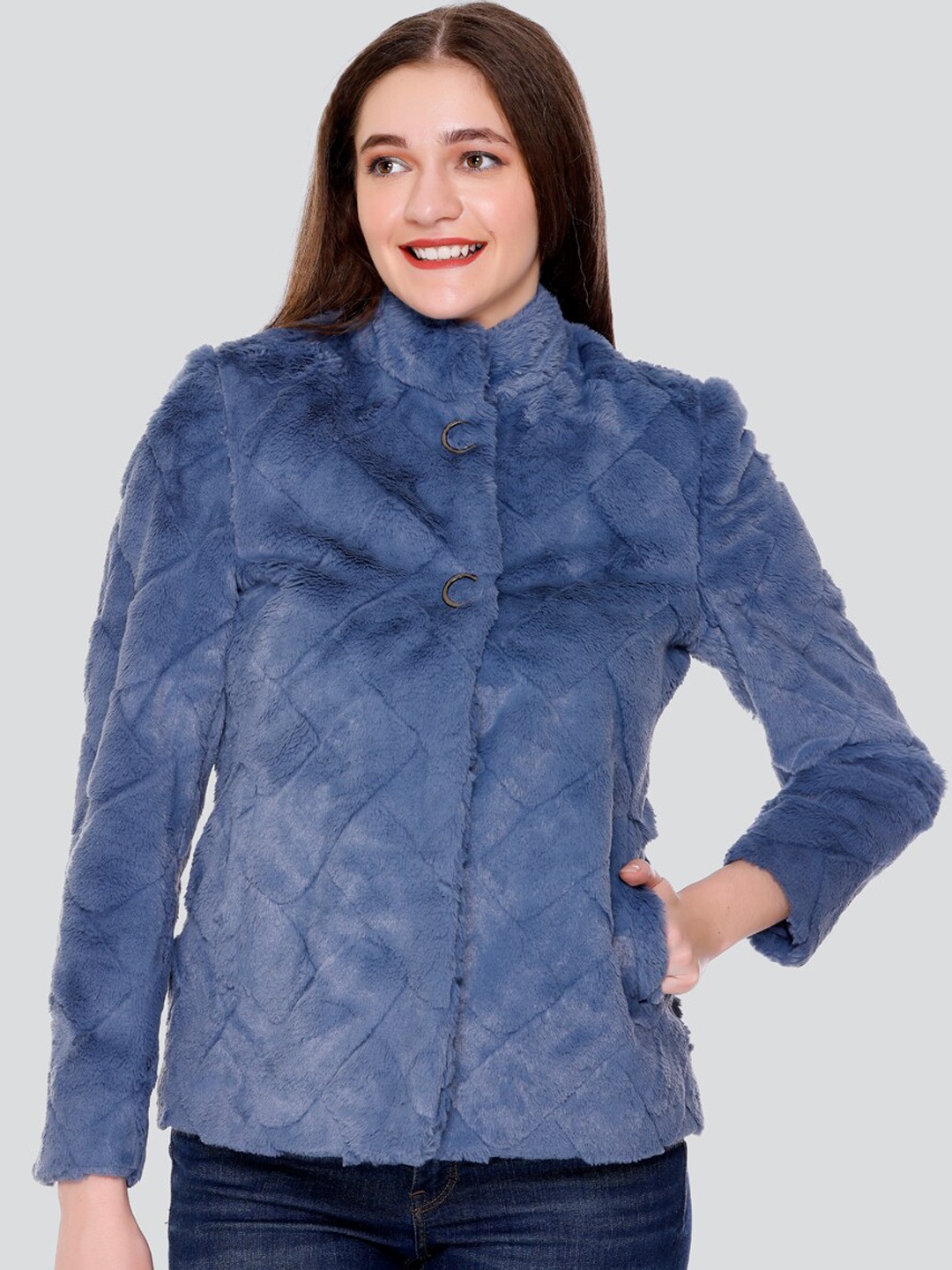 

C-Aerin Mandarin Collar Single Breasted Pea Coat, Blue