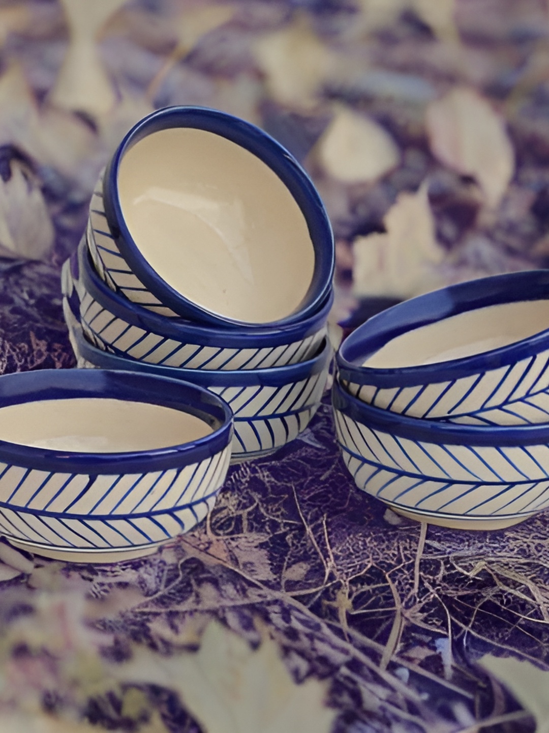 

caffeine Beige & Navy blue 6 Pieces Ceramic Microwave Safe Glossy Finish Bowls