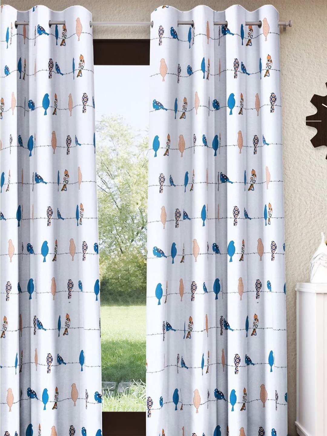 

Home Sizzler White & Blue Birds Printed Pure Cotton Room Darkening Window Curtain