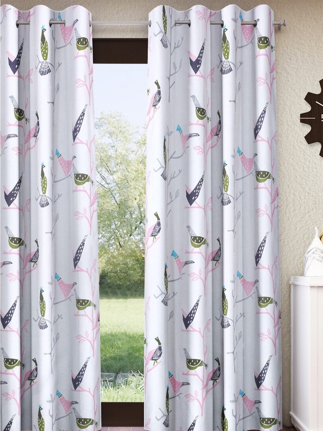 

Home Sizzler Green & White Quirky Printed Pure Cotton Room Darkening Window Curtain