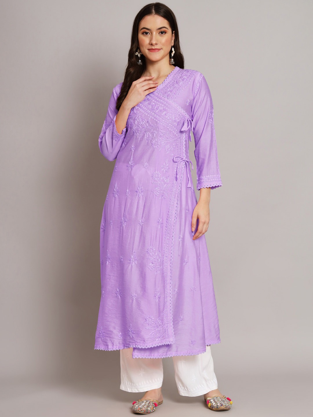 

PARAMOUNT CHIKAN Floral Embroidered Lucknowi Chikankari Chanderi Cotton Angrakha Kurta, Lavender