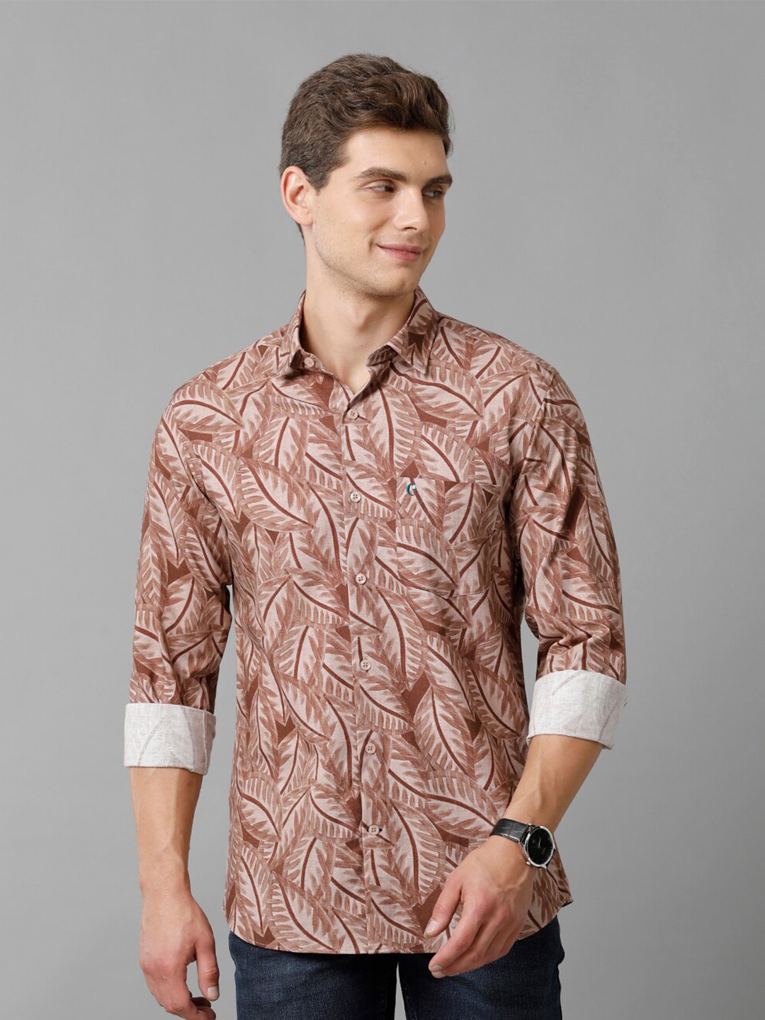 

CAVALLO by Linen Club Contemporary Slim Fit Floral Printed Cotton Linen Casual Shirt, Brown