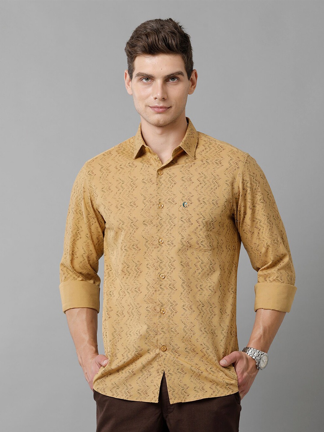 

CAVALLO by Linen Club Contemporary Abstract Printed Slim Fit Cotton Linen Casual Shirt, Yellow