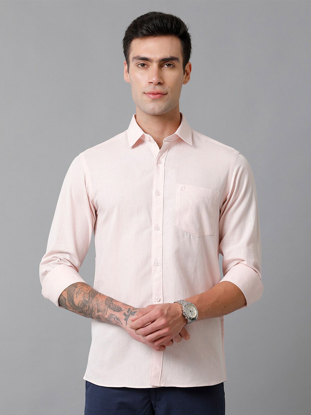

CAVALLO by Linen Club Contemporary Slim Fit Cotton Linen Casual Shirt, Pink