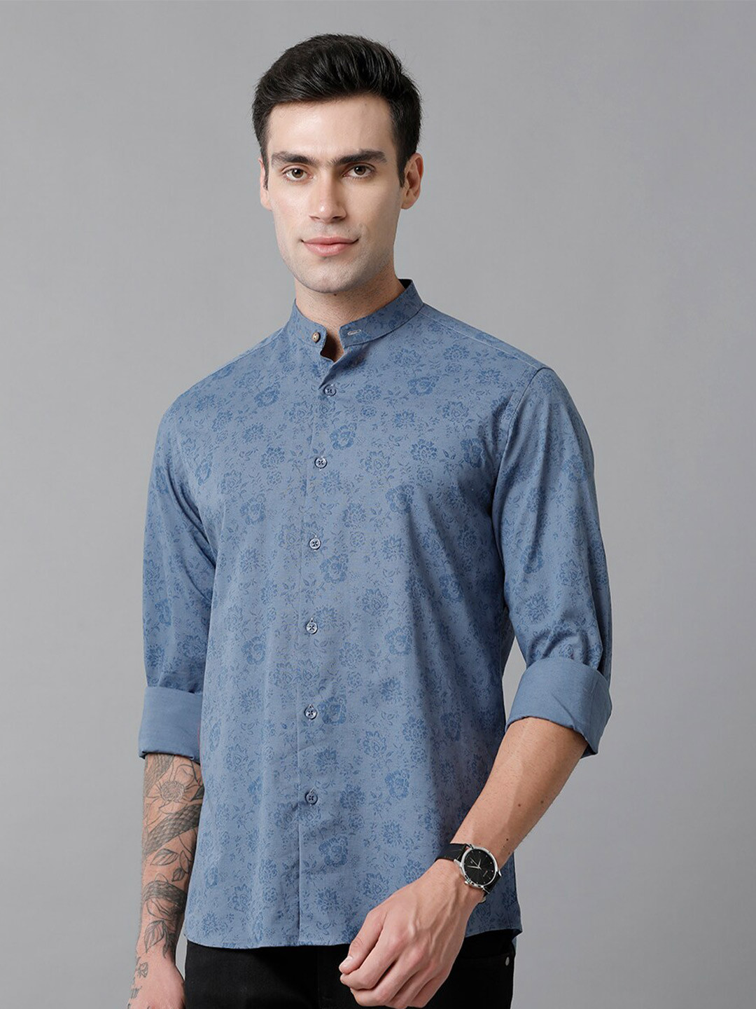 

CAVALLO by Linen Club Contemporary Slim Fit Floral Printed Cotton Linen Casual Shirt, Blue