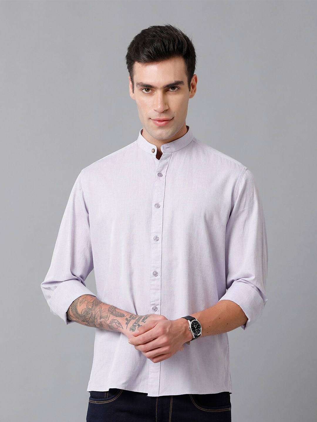 

CAVALLO by Linen Club Contemporary Slim Fit Band Collar Cotton Linen Casual Shirt, Grey