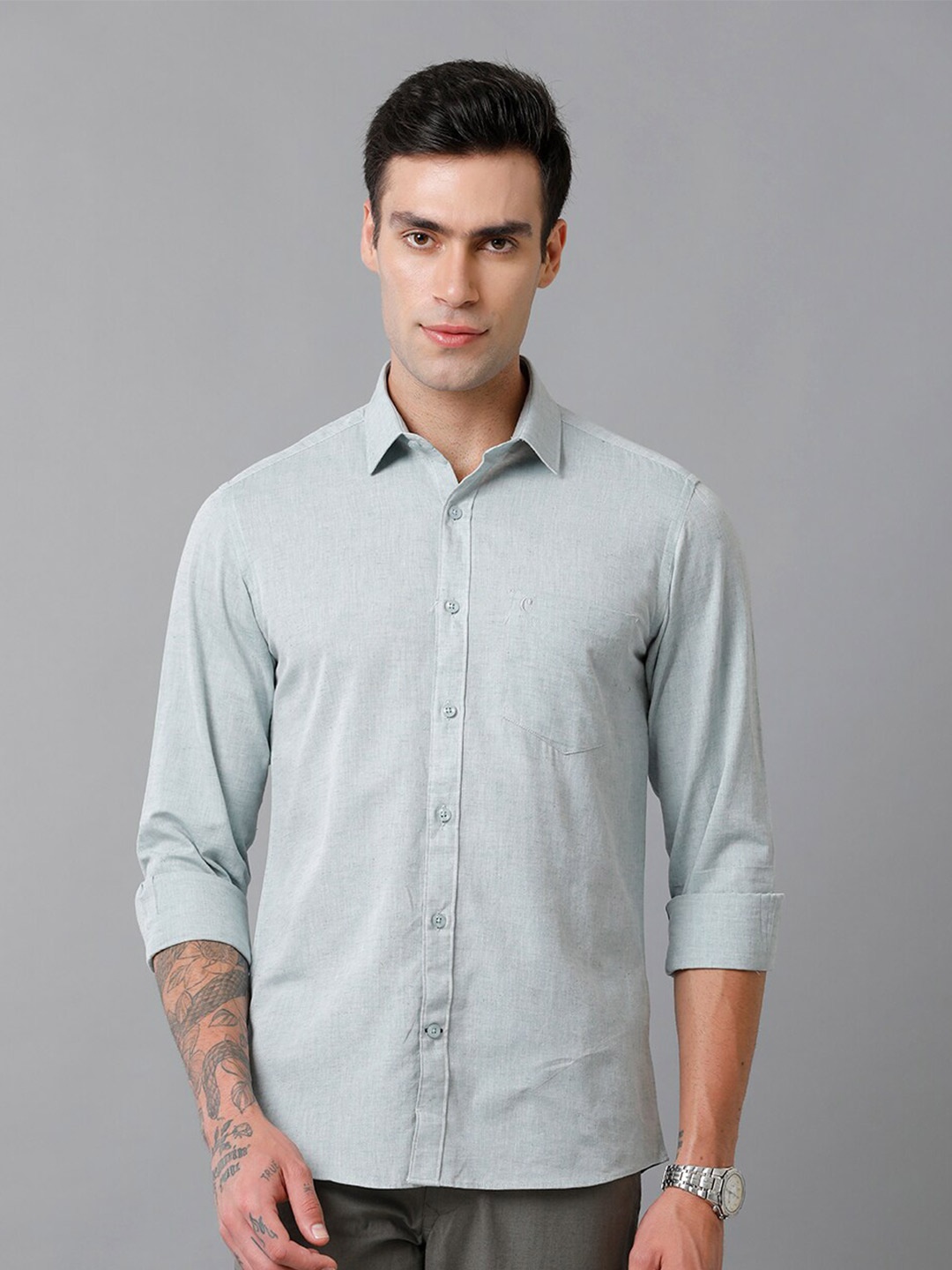 CAVALLO by Linen Club Contemporary Slim Fit Cotton Linen Casual Shirt, Blue
