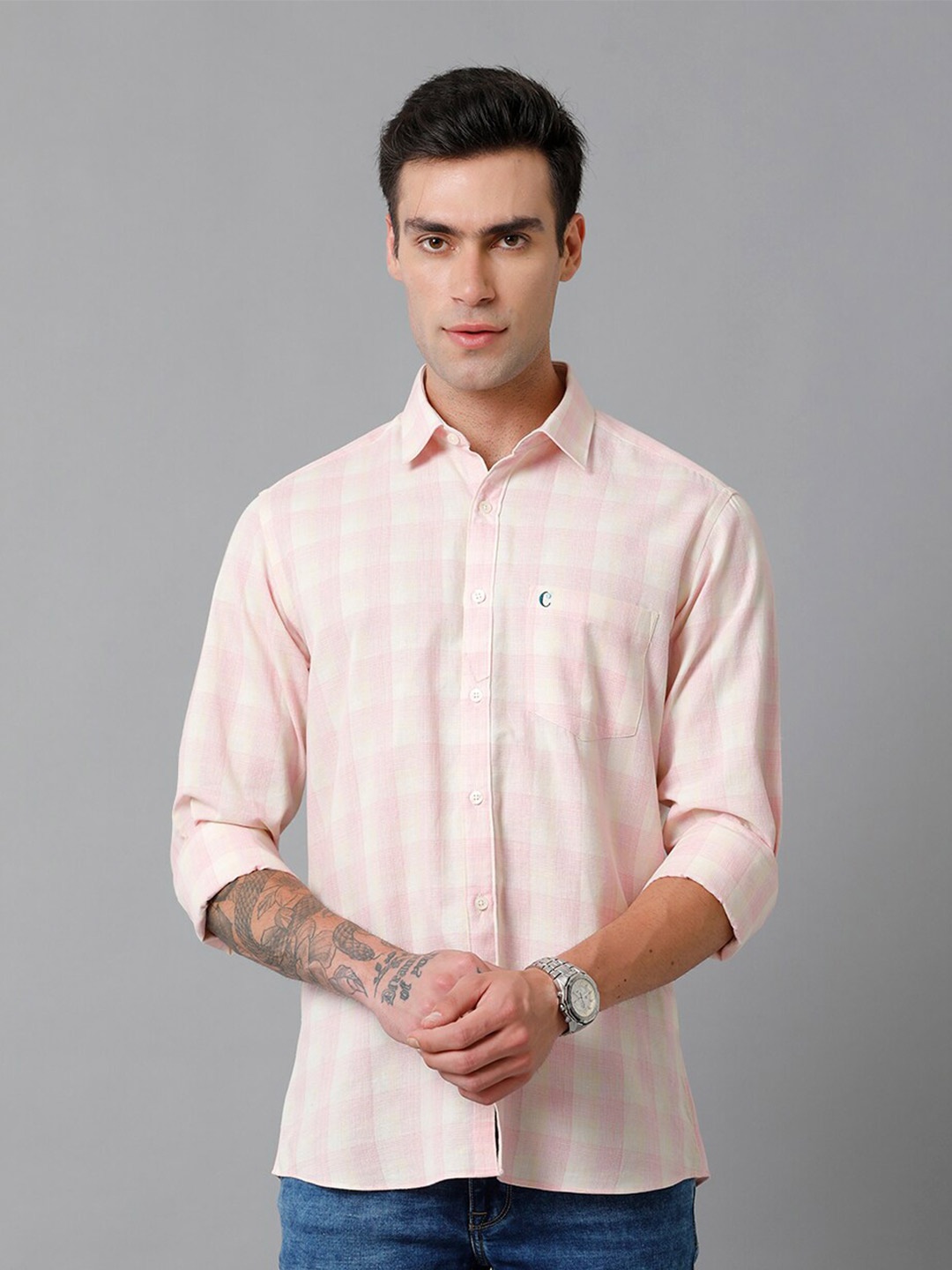 CAVALLO by Linen Club Contemporary Slim Fit Buffalo Checked Cotton Linen Casual Shirt, Pink