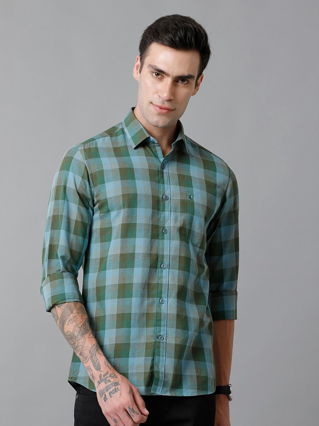 

CAVALLO by Linen Club Contemporary Slim Fit Tartan Checked Cotton Linen Casual Shirt, Green