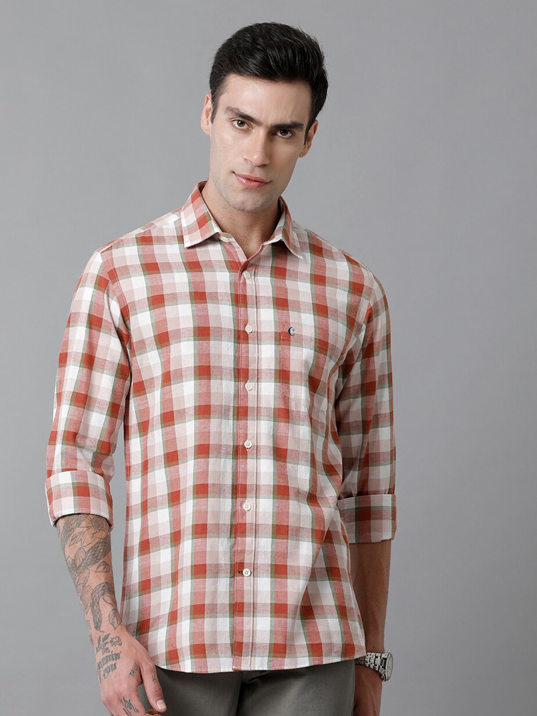 

CAVALLO by Linen Club Contemporary Slim Fit Tartan Checked Cotton Linen Casual Shirt, Red