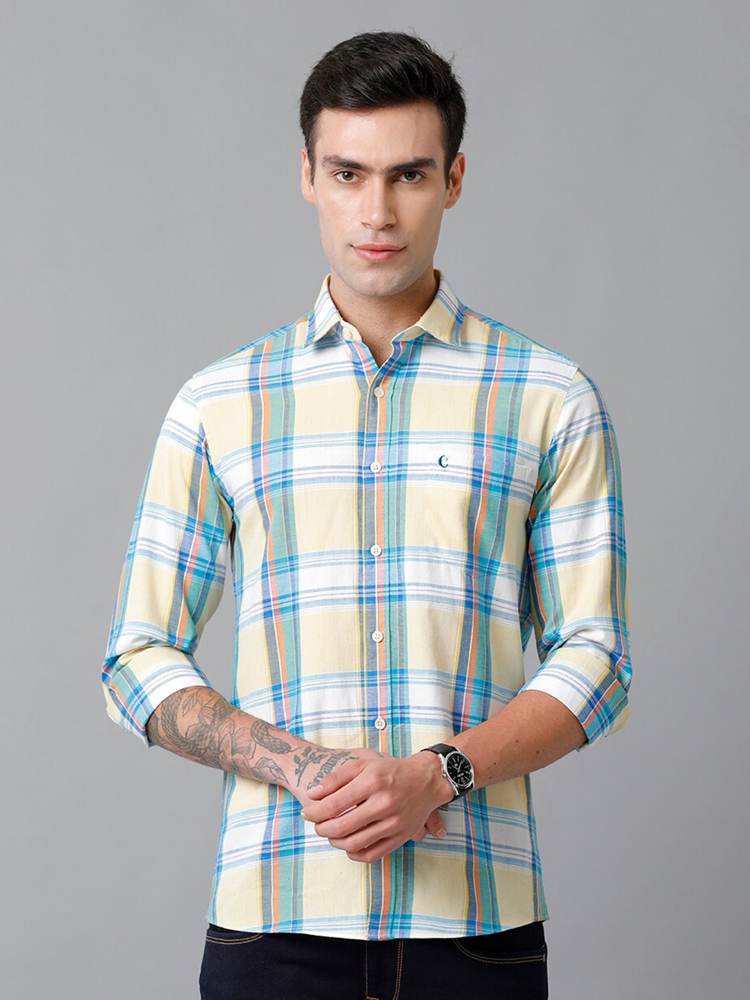 

CAVALLO by Linen Club Contemporary Slim Fit Tartan Checks Cotton Linen Casual Shirt, Yellow