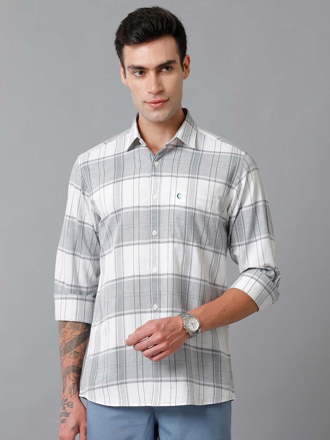 

CAVALLO by Linen Club Tartan Checks Contemporary Slim Fit Comfortable Casual Shirt, Grey