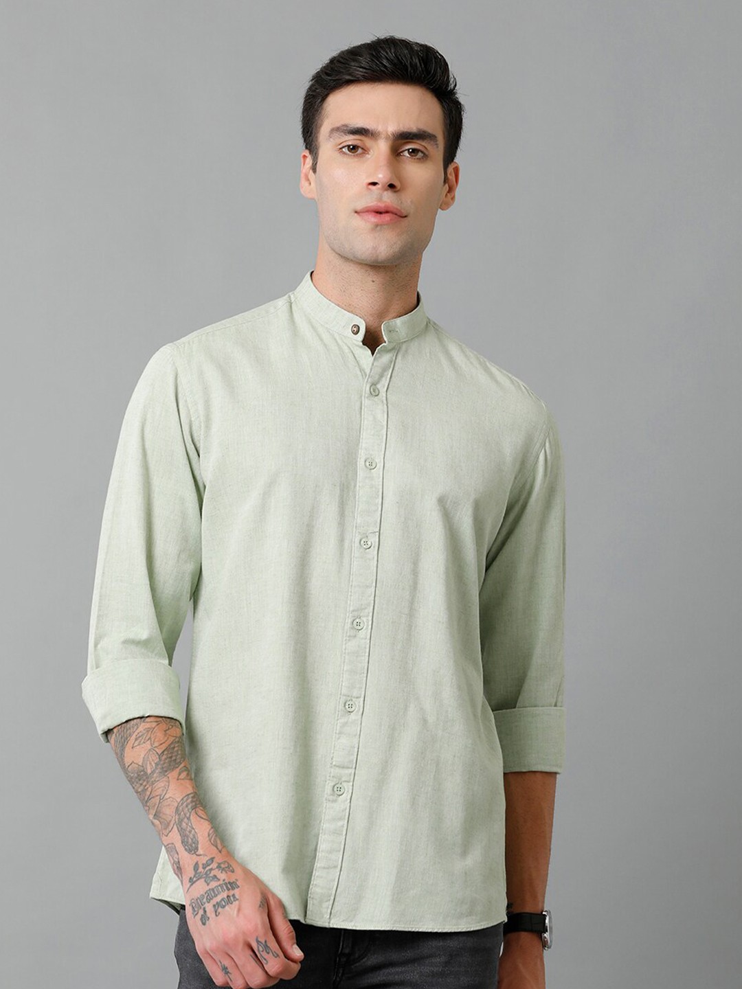 

CAVALLO by Linen Club Band Collar Contemporary Slim Fit Casual Shirt, Green