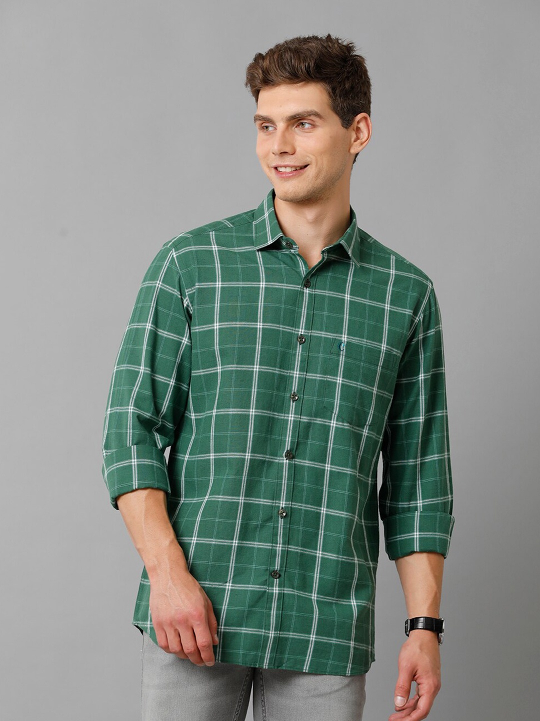 

CAVALLO by Linen Club Contemporary Slim Fit Checked Cotton Linen Casual Shirt, Green