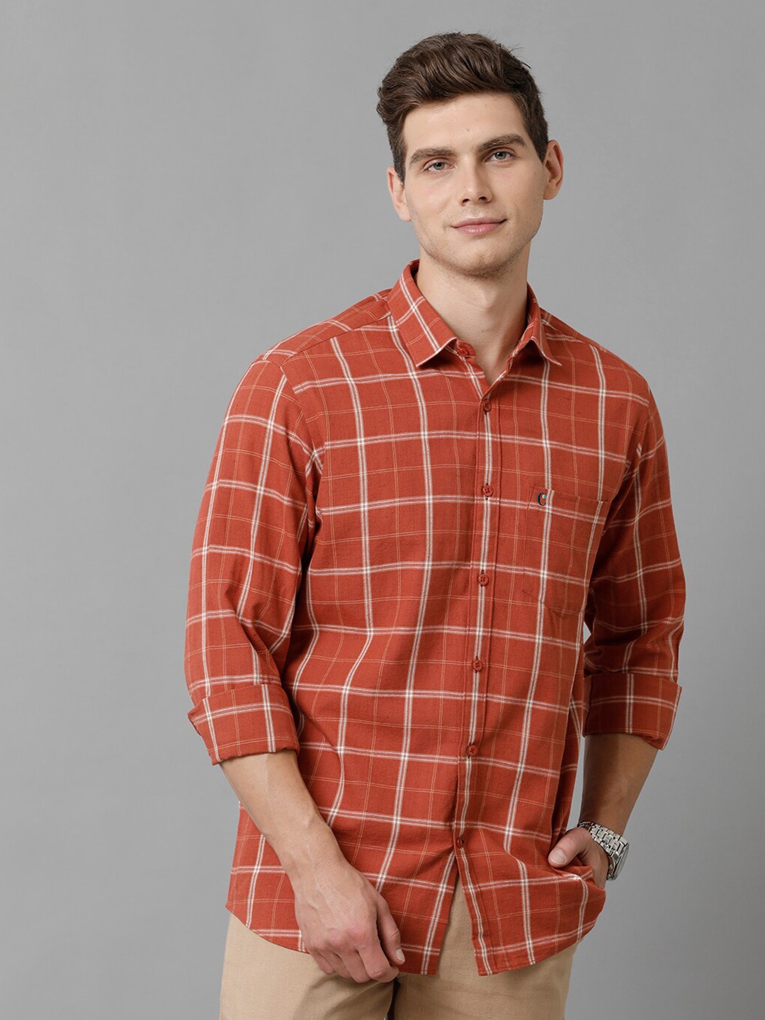 

CAVALLO by Linen Club Contemporary Slim Fit Windowpane Checked Cotton Linen Casual Shirt, Red