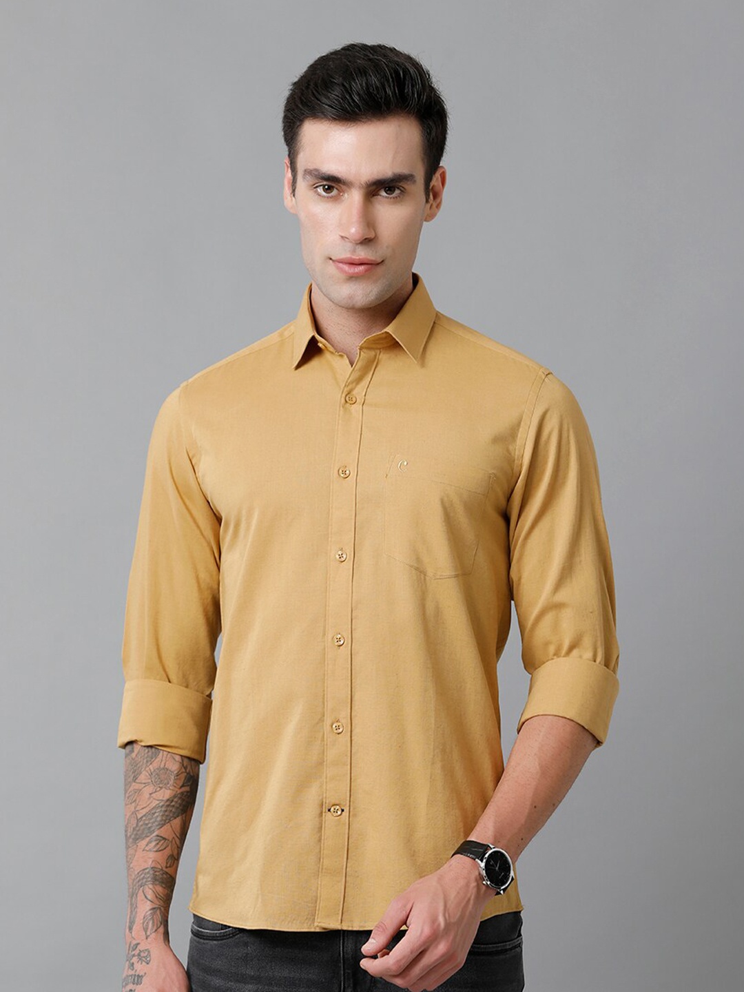 

CAVALLO by Linen Club Contemporary Slim Fit Cotton Linen Casual Shirt, Yellow