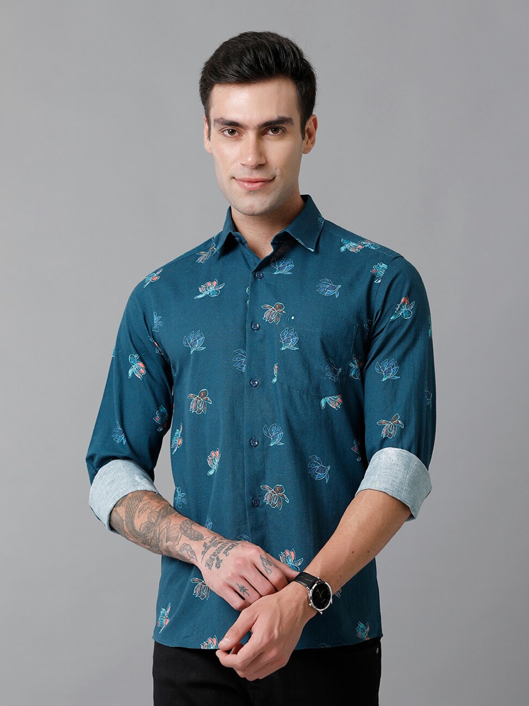 CAVALLO by Linen Club Contemporary Slim Fit Floral Printed Cotton Linen Casual Shirt, Blue