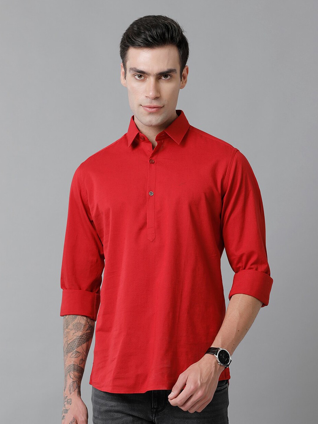 

CAVALLO by Linen Club Contemporary Slim Fit Spread Collar Cotton Linen Casual Shirt, Red