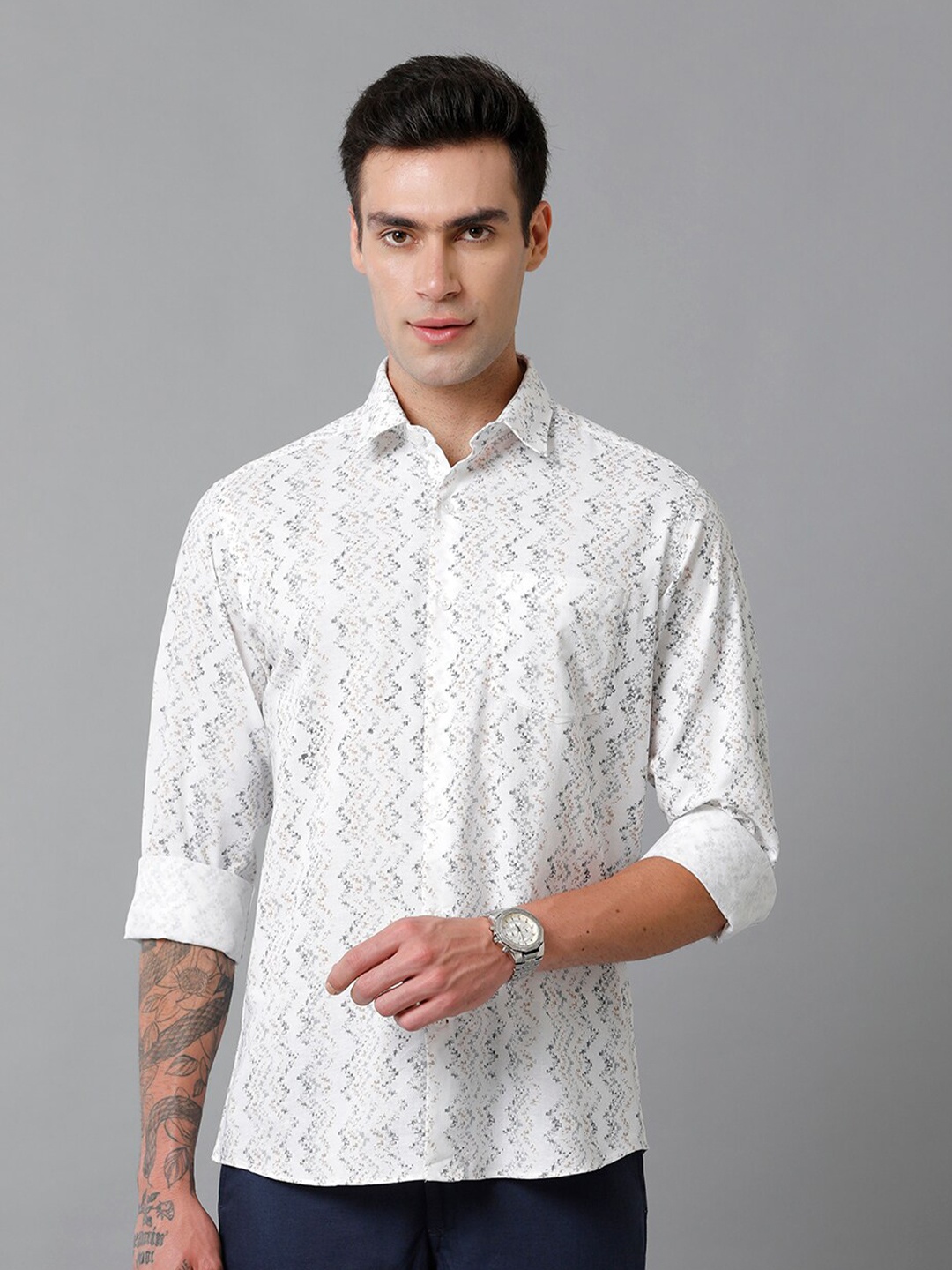 

CAVALLO by Linen Club Contemporary Slim Fit Abstract Cotton Linen Printed Casual Shirt, White
