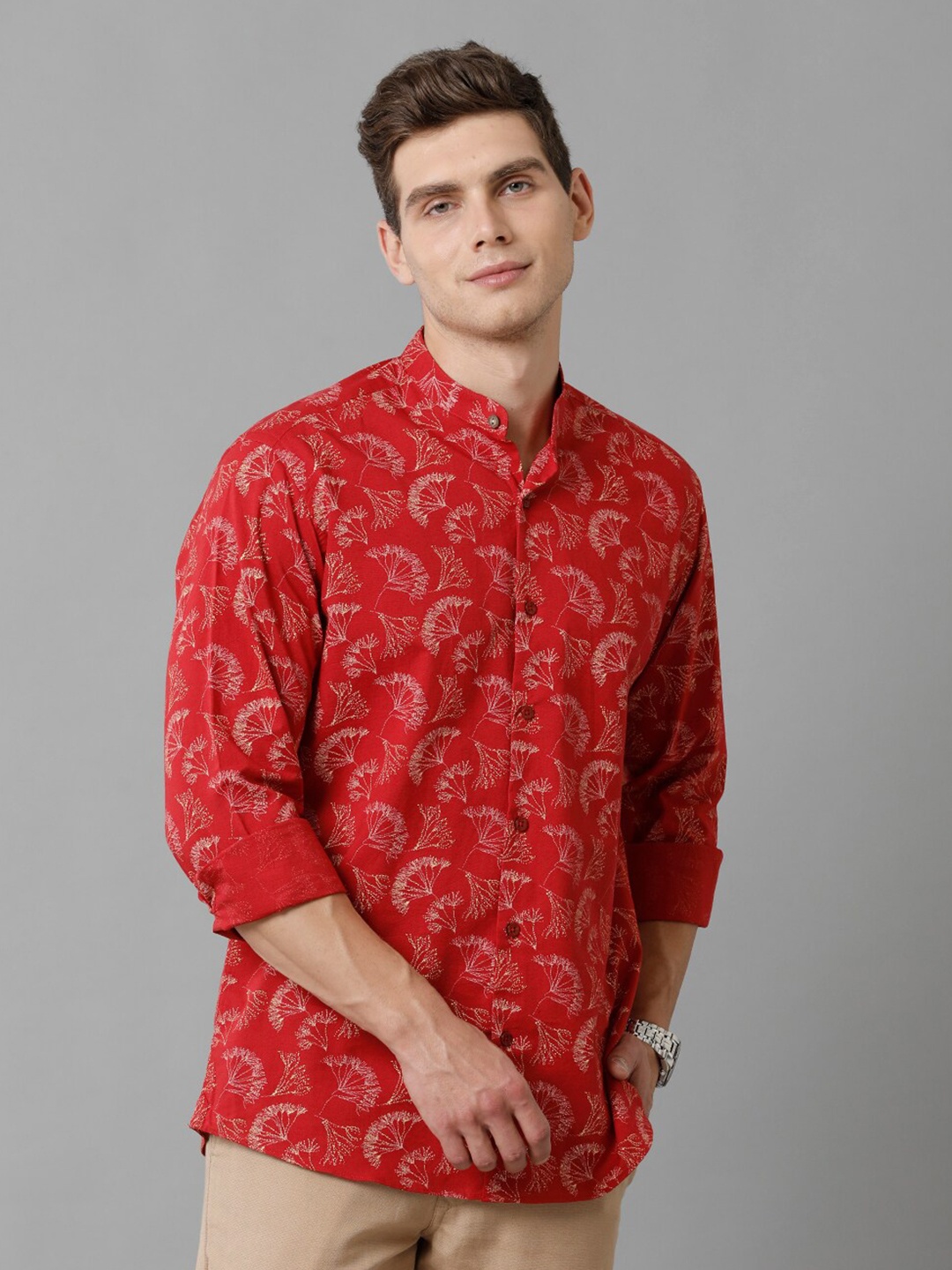 

CAVALLO by Linen Club Contemporary Slim Fit floral Printed Cotton Linen Casual Shirt, Red