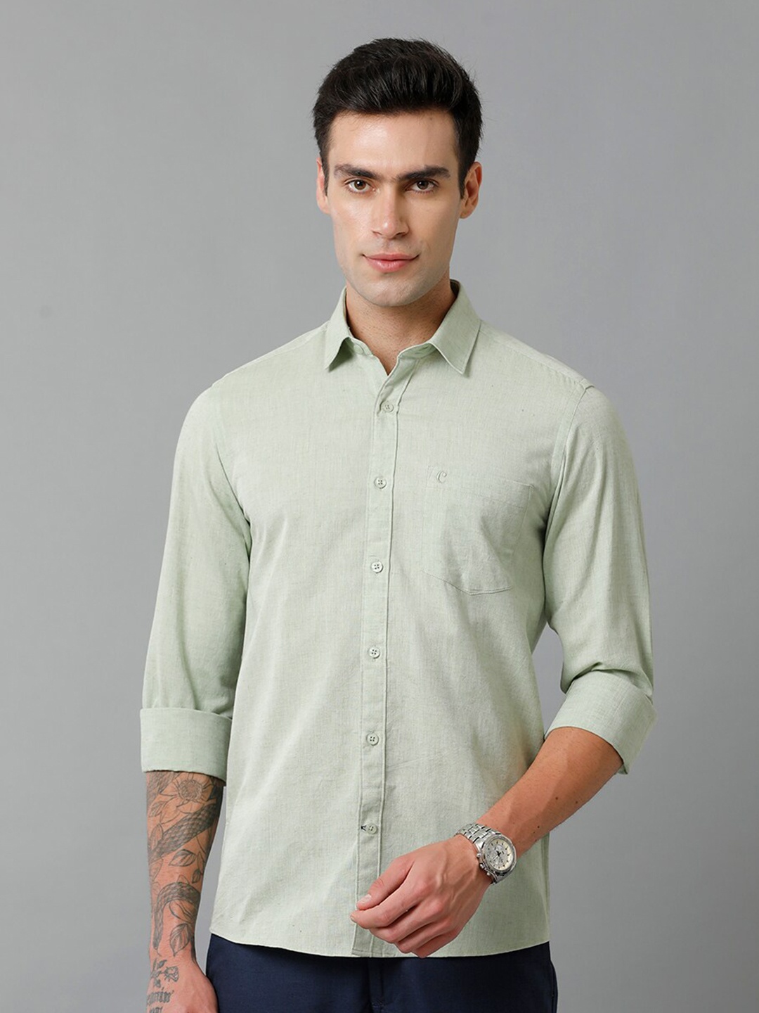 

CAVALLO by Linen Club Contemporary Slim Fit Cotton Linen Casual Shirt, Green