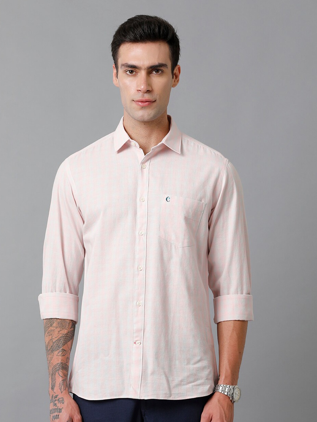 

CAVALLO by Linen Club Contemporary Slim Fit Checked Cotton Linen Casual Shirt, Pink