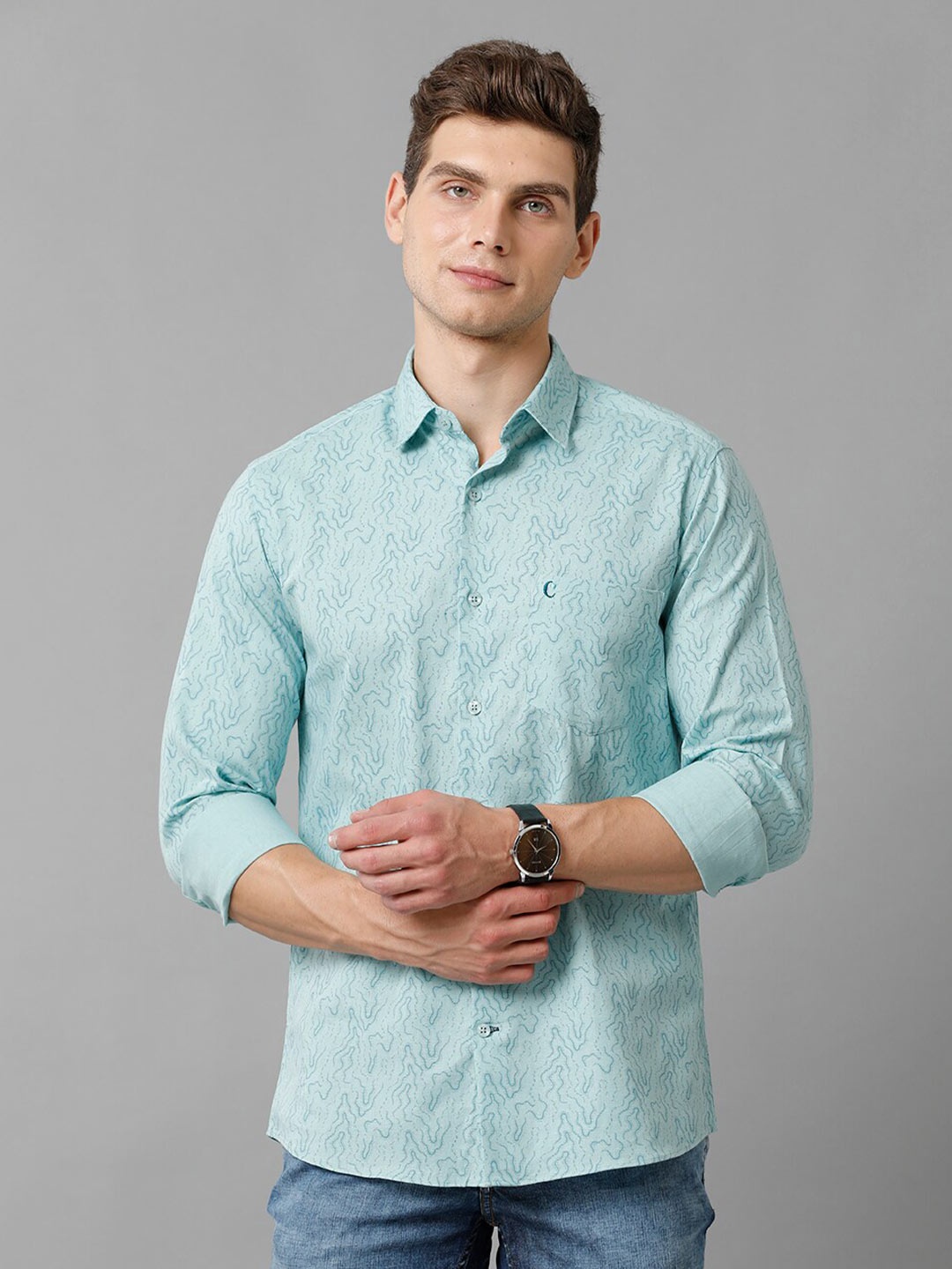 

CAVALLO by Linen Club Contemporary Slim Fit Abstract Printed Cotton & Linen Casual Shirt, Blue