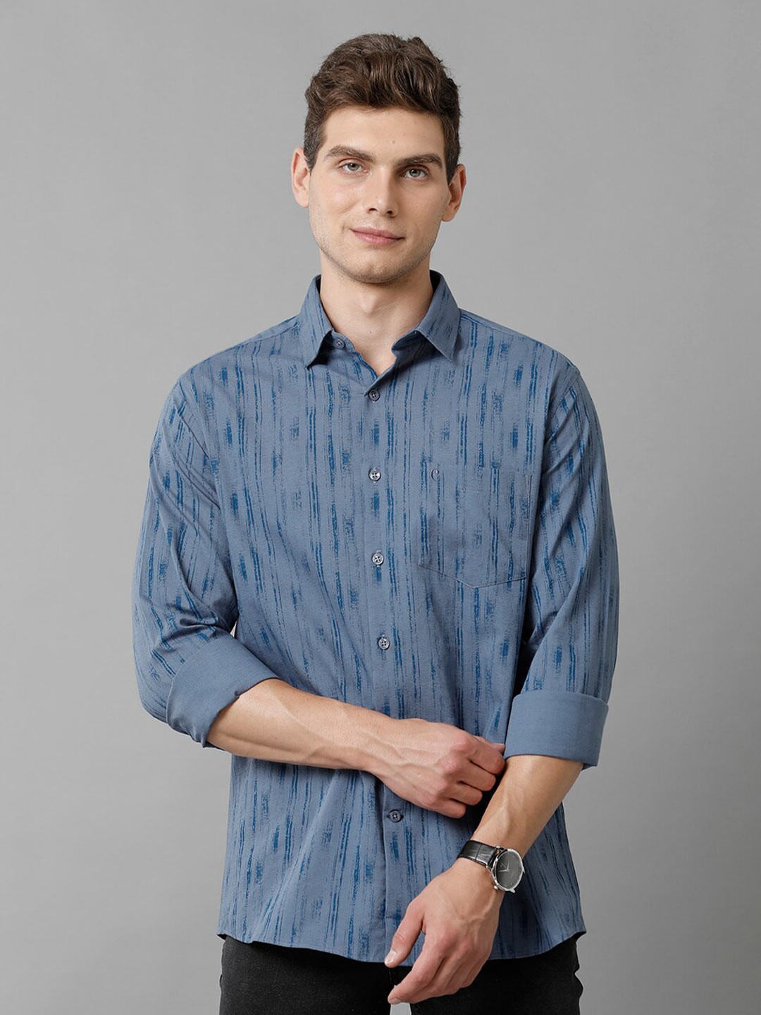 CAVALLO by Linen Club Contemporary Slim Fit Abstract Printed Cotton Linen Casual Shirt, Blue
