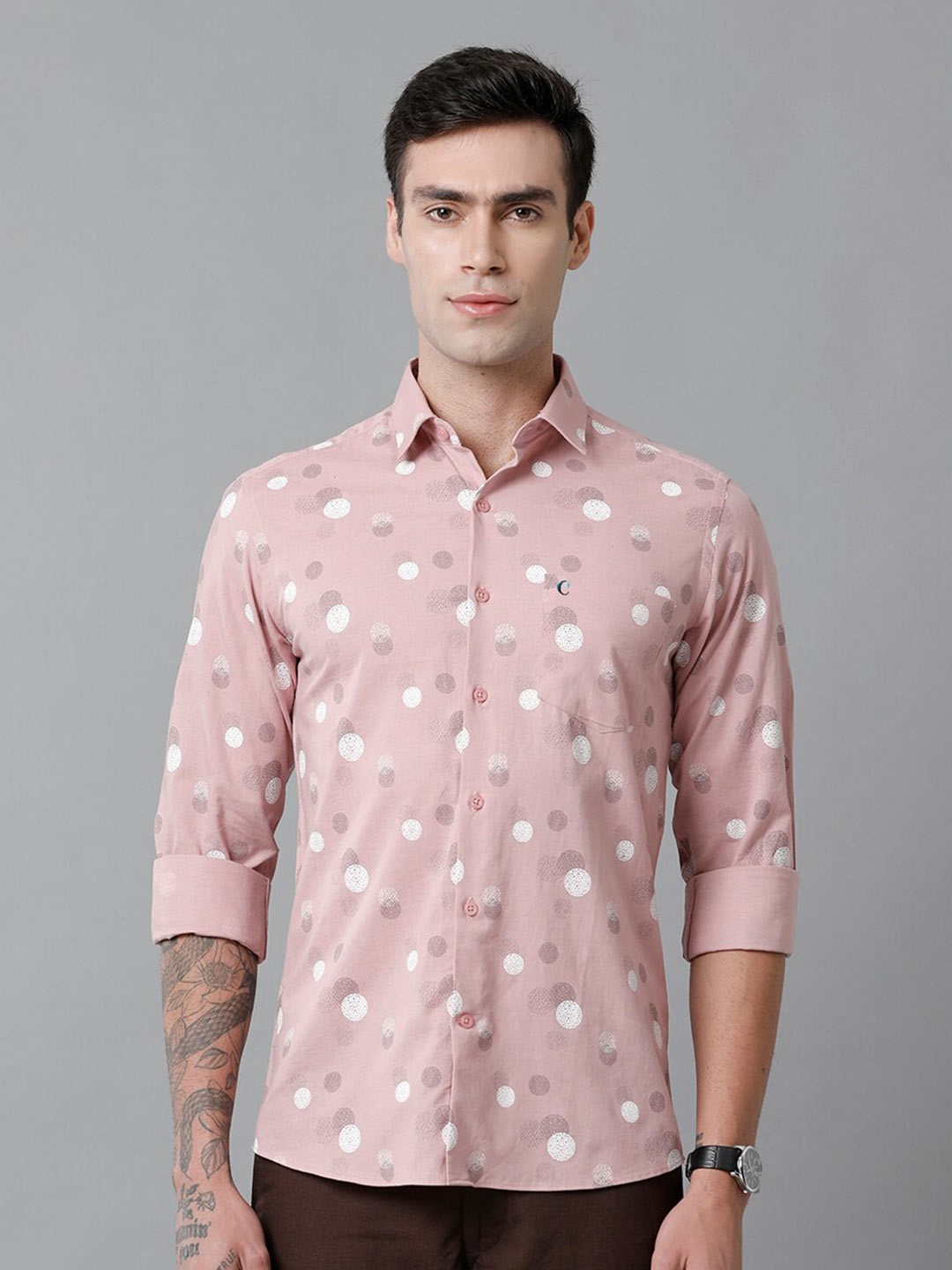 

CAVALLO by Linen Club Contemporary Slim Fit Geometric Printed Cotton Linen Casual Shirt, Peach