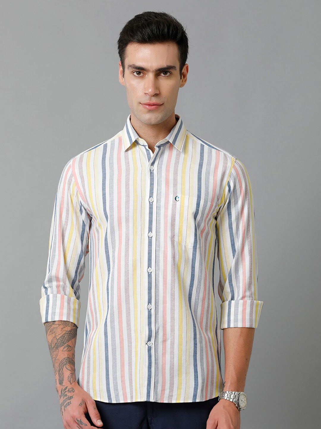 

CAVALLO by Linen Club Contemporary Slim Fit Vertical Stripes Cotton Linen Casual Shirt, White