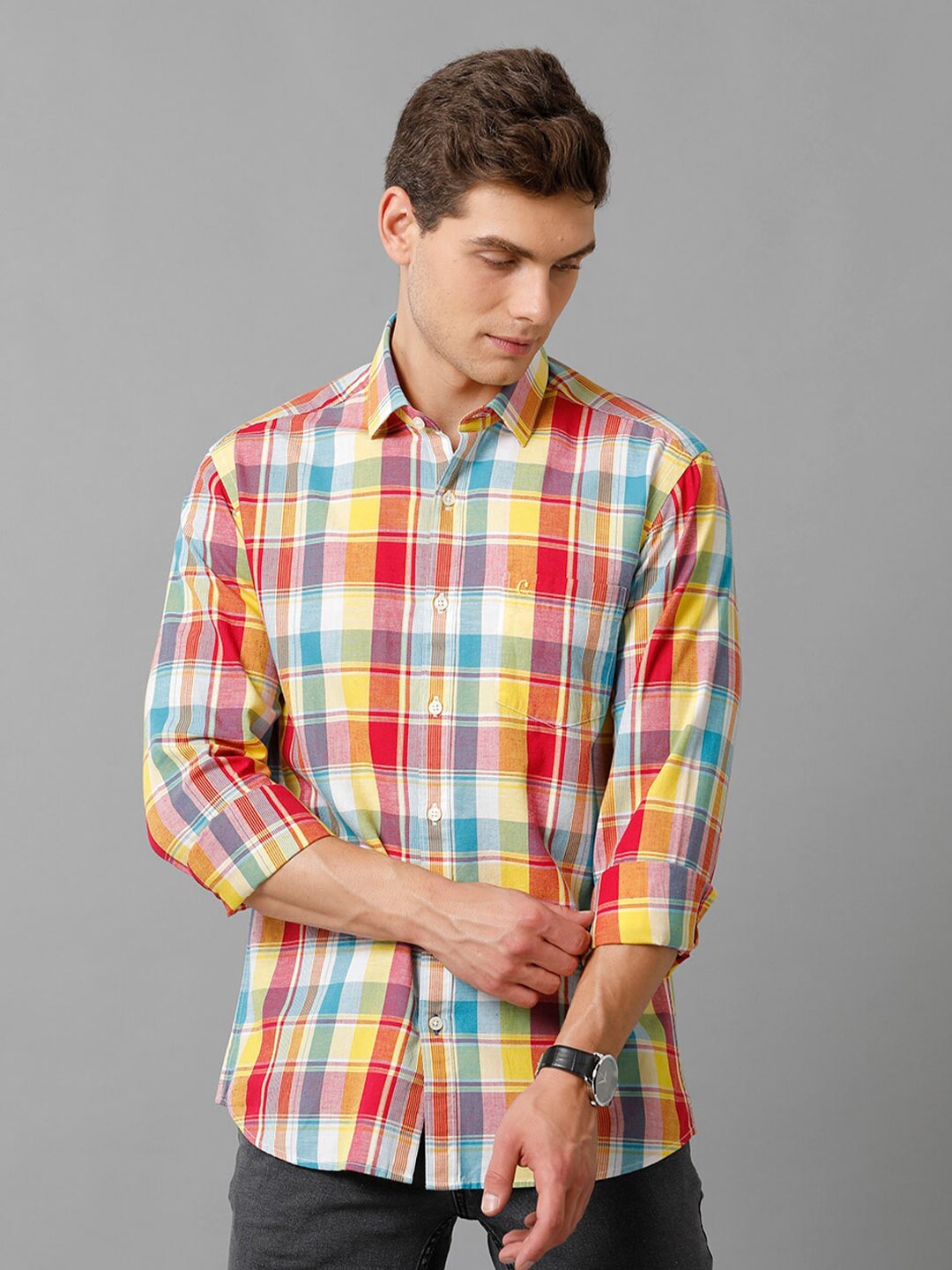 

CAVALLO by Linen Club Contemporary Slim Fit Tartan Checked Cotton & Linen Casual Shirt, Multi