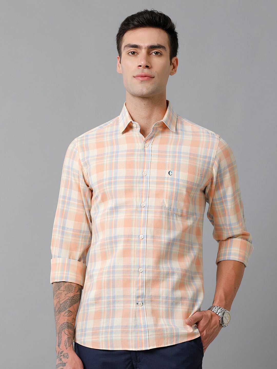 

CAVALLO by Linen Club Contemporary Slim Fit Tartan Checked Cotton & Linen Casual Shirt, Orange