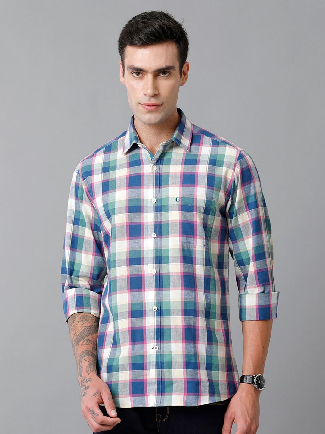 

CAVALLO by Linen Club Contemporary Slim Fit Tartan Checked Cotton Linen Casual Shirt, Blue