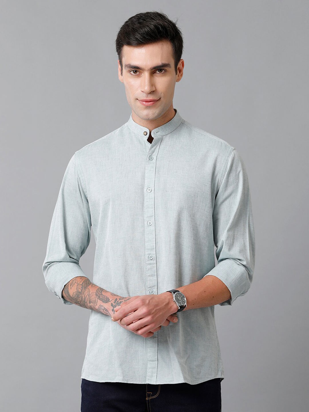 CAVALLO by Linen Club Contemporary Band Collar Slim Fit Cotton Linen Casual Shirt, Blue