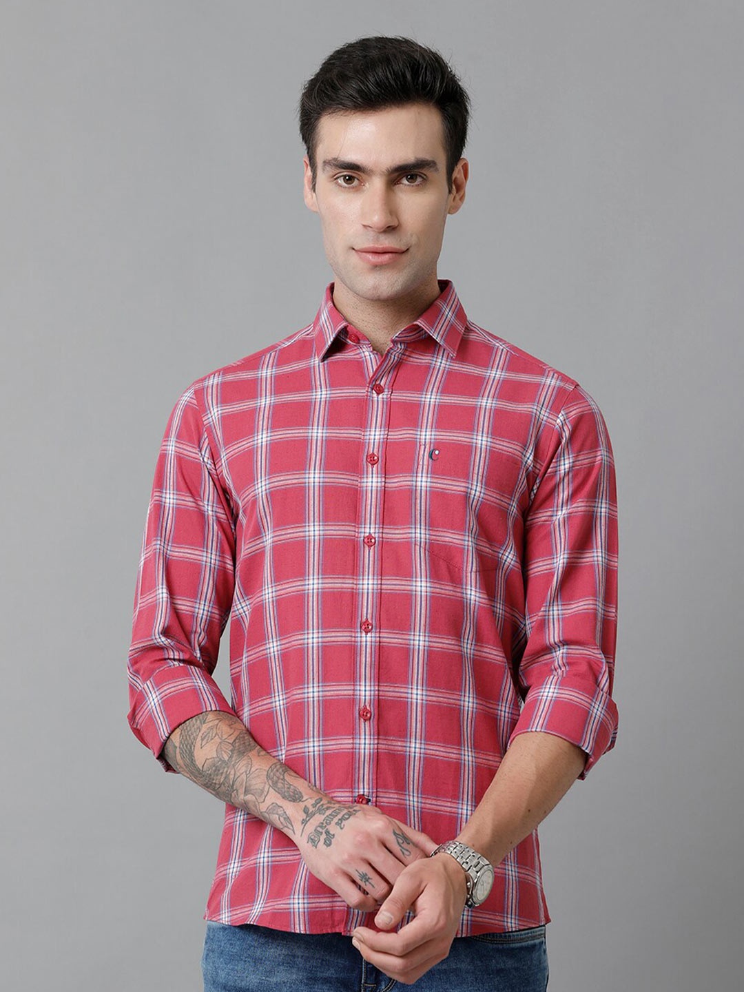 

CAVALLO by Linen Club Spread Collar Slim Fit Checked Casual Cotton Linen Shirt, Red