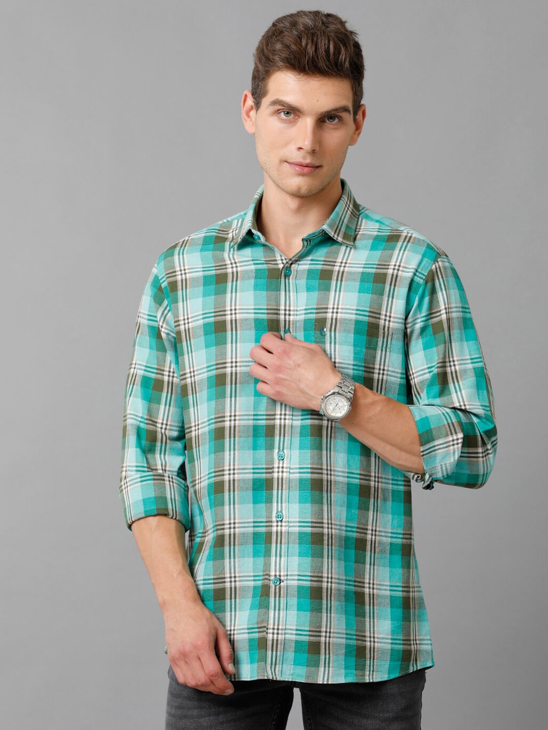 

CAVALLO by Linen Club Contemporary Slim Fit Tartan Checks Cotton Linen Casual Shirt, Green