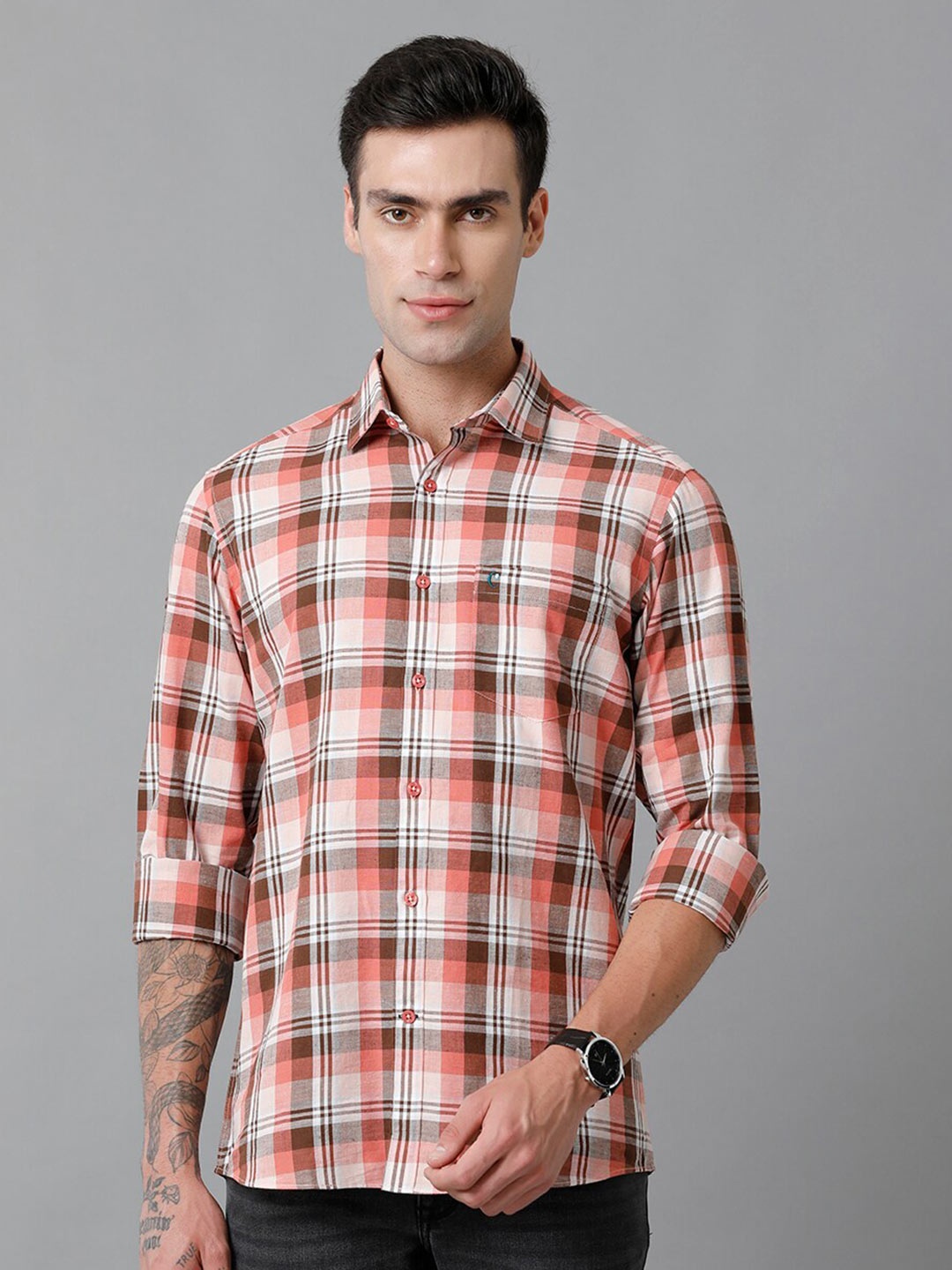

CAVALLO by Linen Club Tartan Checks Contemporary Slim Fit Comfortable Casual Shirt, Red