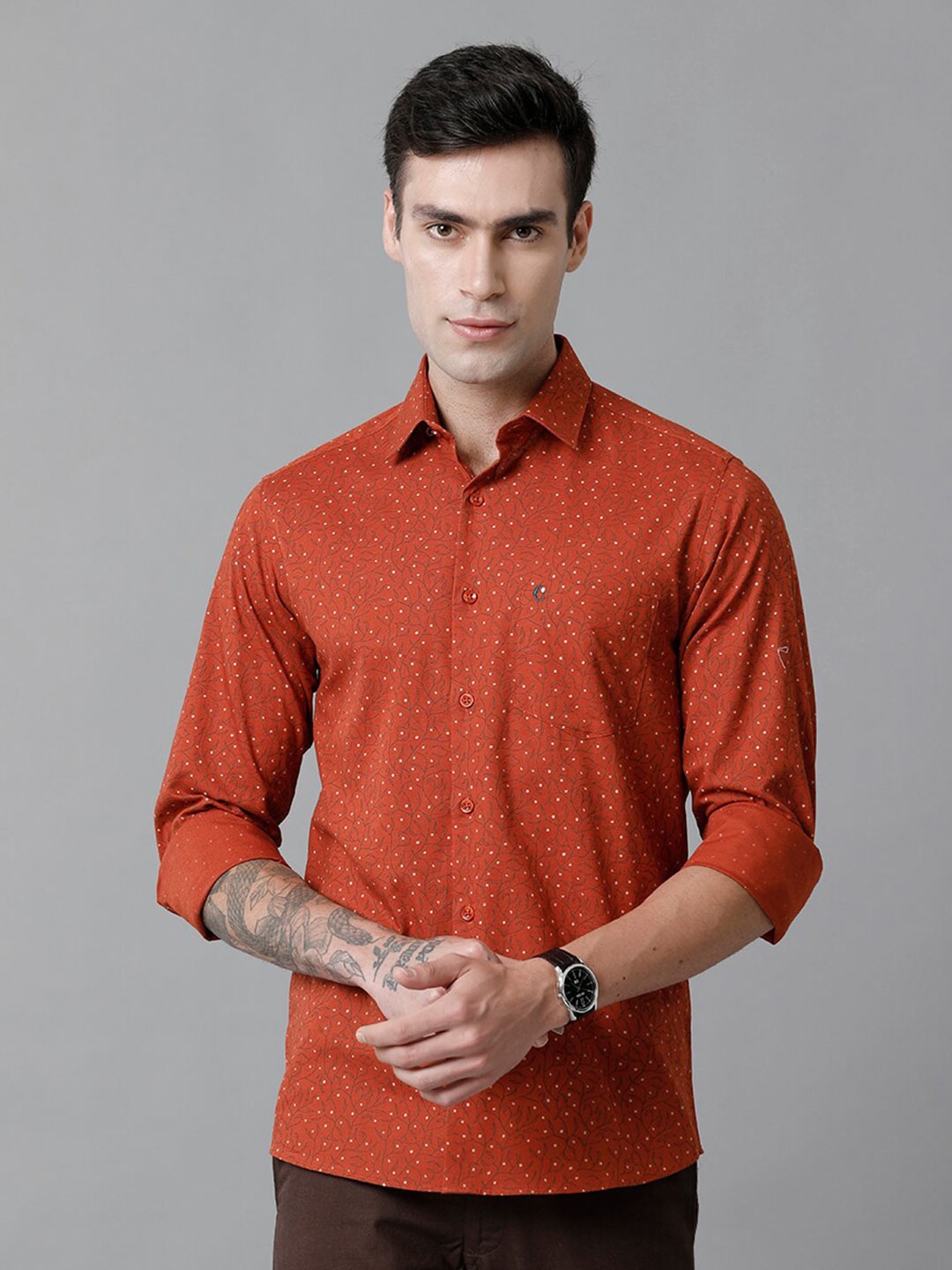

CAVALLO by Linen Club Contemporary Floral Printed Slim Fit Cotton Linen Casual Shirt, Red