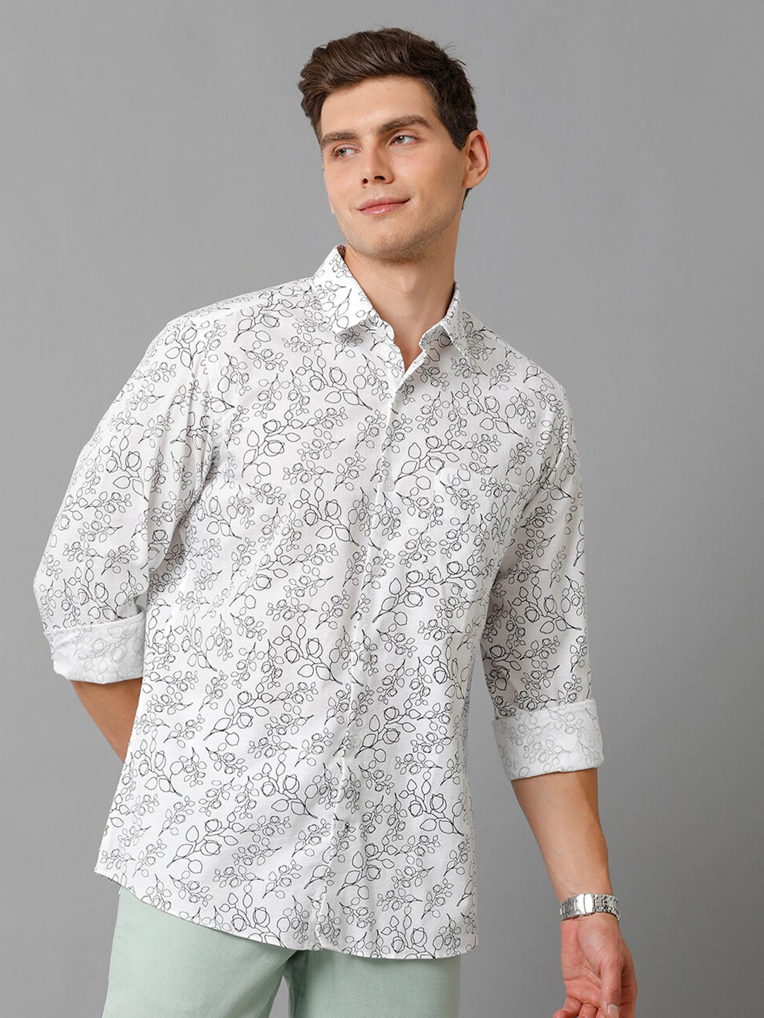 

CAVALLO by Linen Club Contemporary Slim Fit Floral Printed Cotton Linen Casual Shirt, White